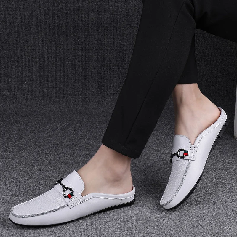Men's Cushioned Boots Men's Summer Breathable Genuine Leather Slip-On Type Casual Half Shoes