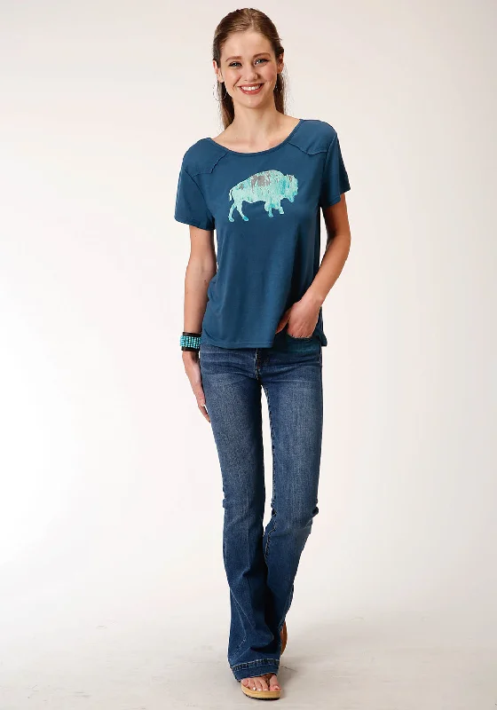 Women's Holiday Attire Roper Womens Navy Blue Poly/Rayon Buffalo Yoke S/S T-Shirt