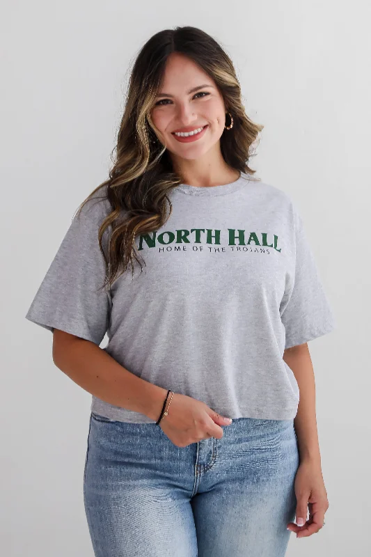 Season Sale Heather Grey North Hall Home Of The Trojans Cropped Tee