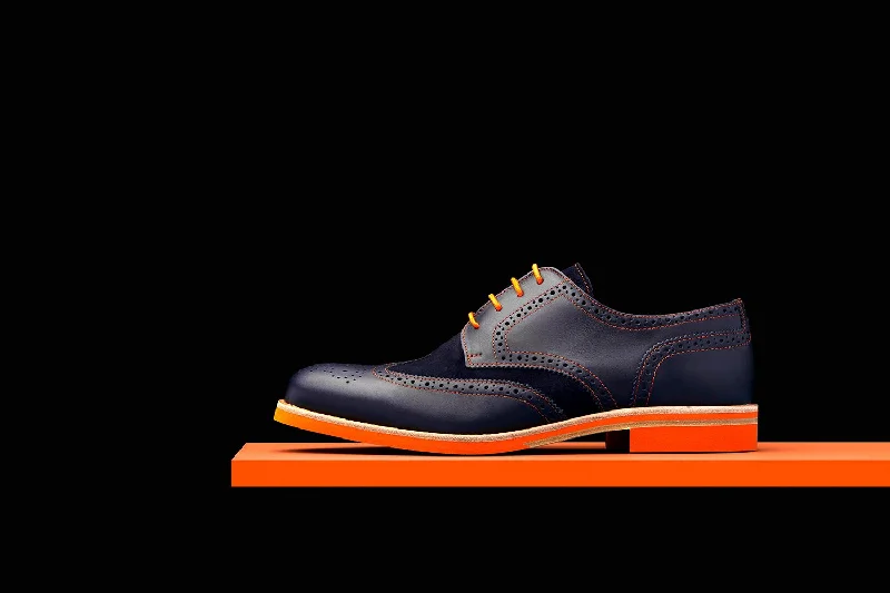 Men's Trendy Shoes Mens Navy & Orange Leather Wingtip Dress Shoes