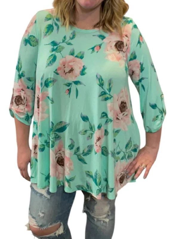 Best Online Boutiques Floral Button Back Tunic Top In Mint