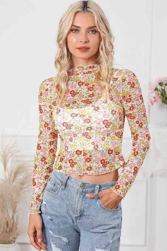 Comfortable Loungewear for Women Hot Girl Floral Mock Neck Mesh Long Sleeve Top