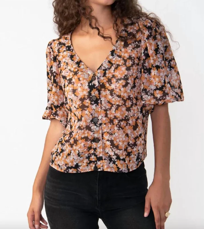 Relaxed Style Puff Sleeve Button Front Blouse In Harvest