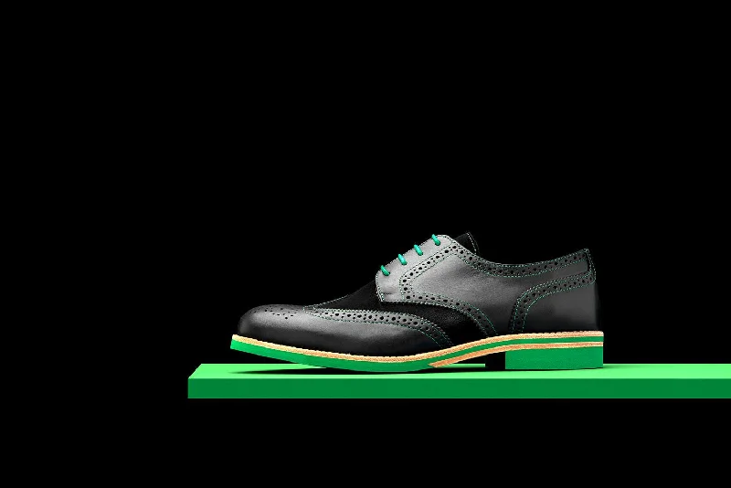 Men's Breathable Shoes Mens Black & Green Leather Wingtip Dress Shoes