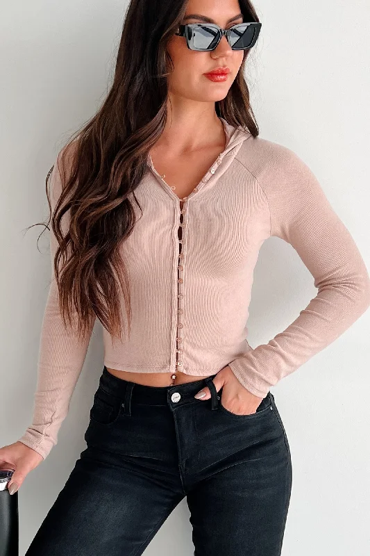 Trendy Boutiques Online Gimme Some Space Button Front Hoodie Top (Light Mocha)