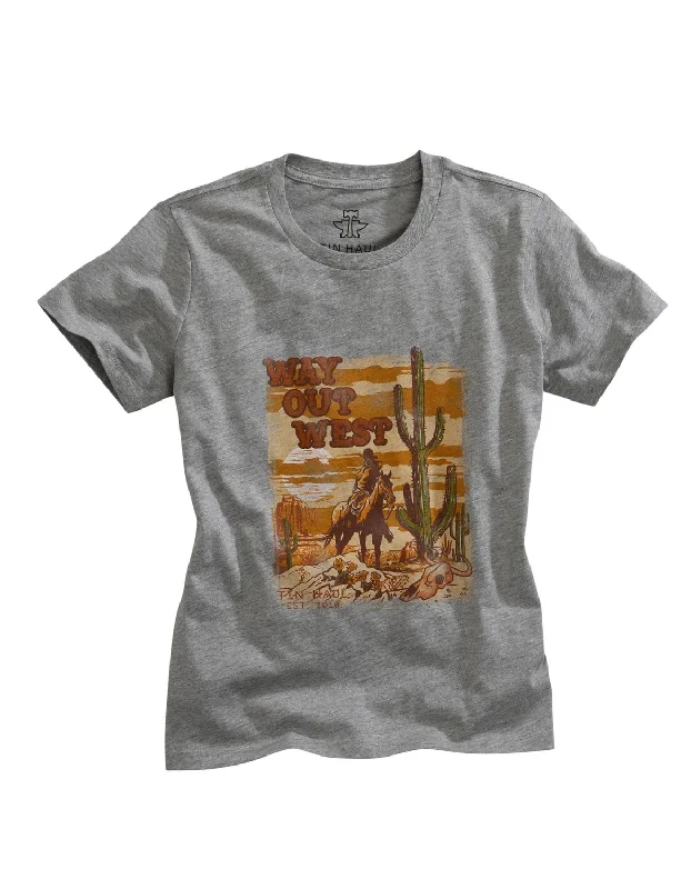 Women's Vacation Garments Tin Haul Womens Heather Grey Cotton Blend Way Out West S/S T-Shirt