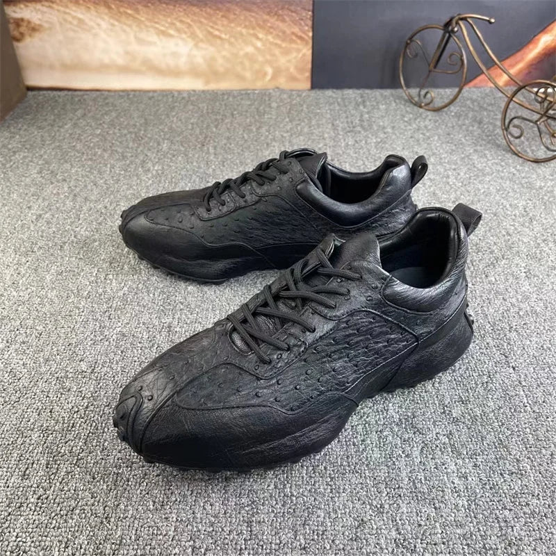 Special Promotion On Comfortable Walking Shoes Men's Black Color Genuine Ostrich Skin Leather Lace-up Casual Outdoor Shoes
