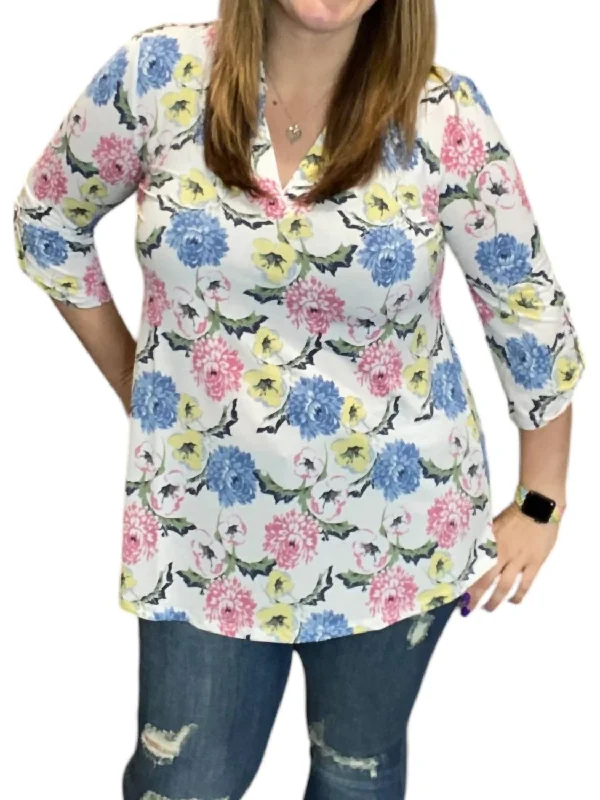 Timeless Classics Floral Pastel Gabby Tunic Top In White Multi