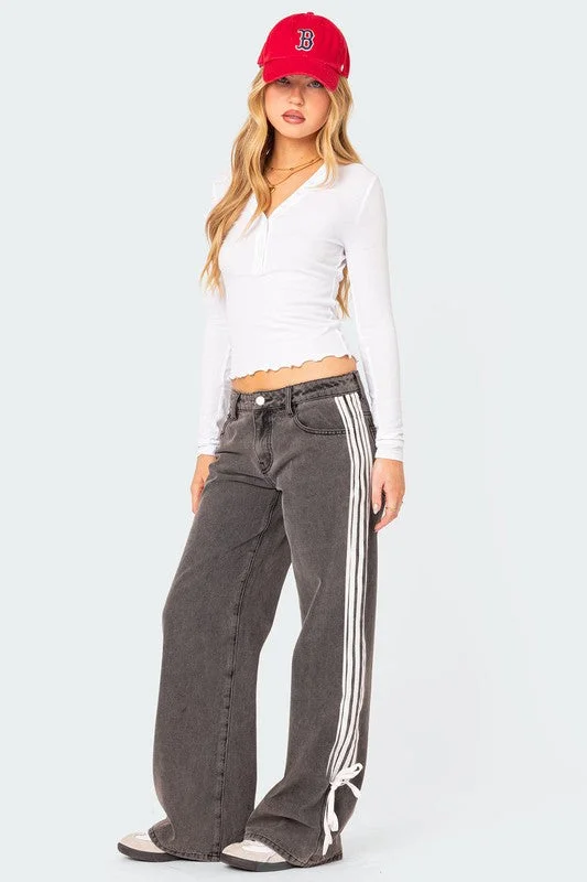 Comfortable Casual Wear Hot Girl Mid Rise Track Striped Wide Leg Jeans In Washed Black