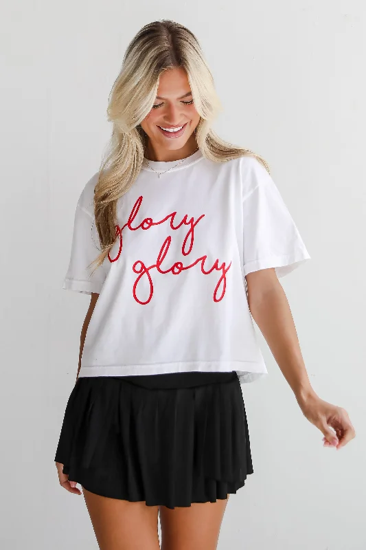 Fashionable Women's Outfit White Glory Glory Script Cropped Tee