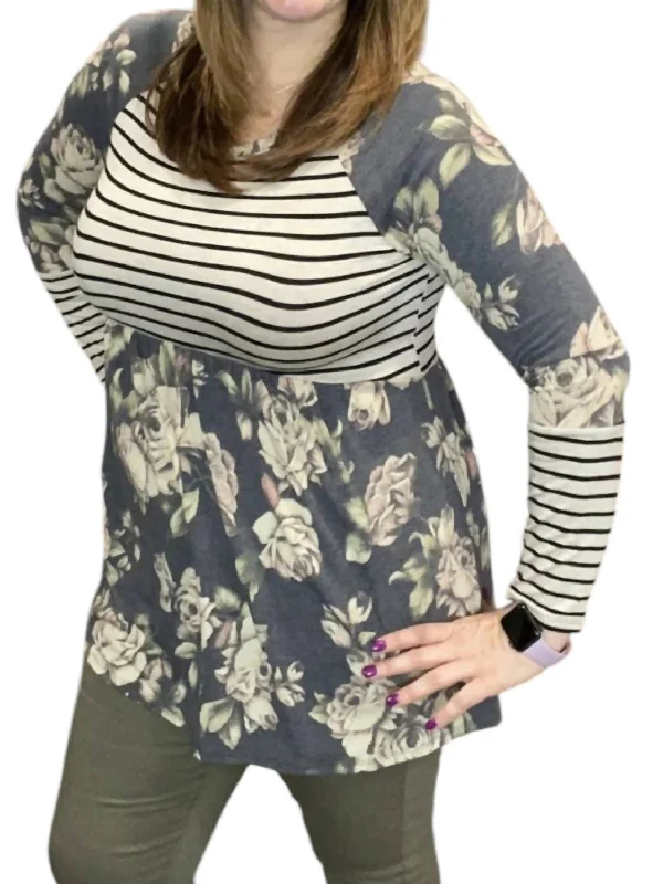 Women Online Clothing Boutiques Floral Stripe Babydoll Tunic Top In Grey