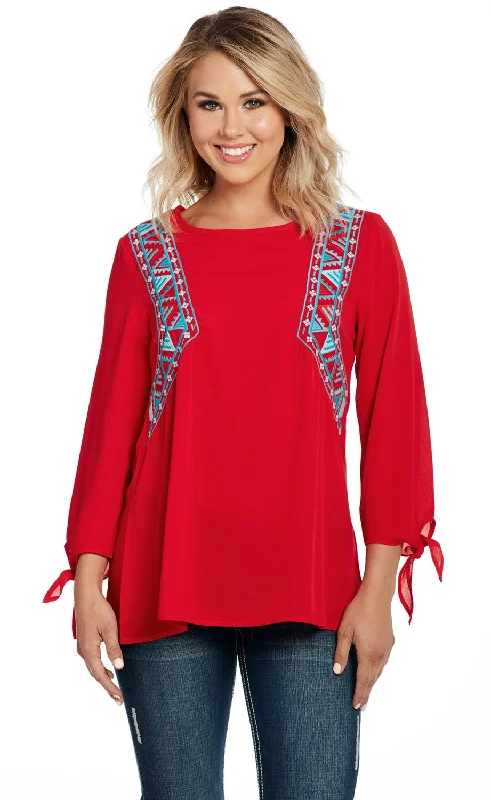 Women's Transitional Garments Cowgirl Up Womens Red Polyester Embroidered Top Tunic S/S