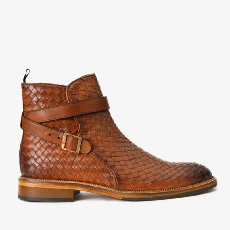 Men's Premium Shoes The Morral Tan Handwoven Leather Cross Strap Buckle Zip-Up Men Boot