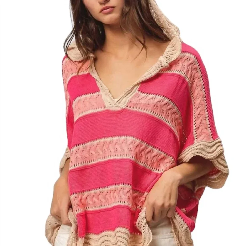 Casual and Comfortable Outfits Stripe Waved Hem Crochet Hoodie In Fuschia