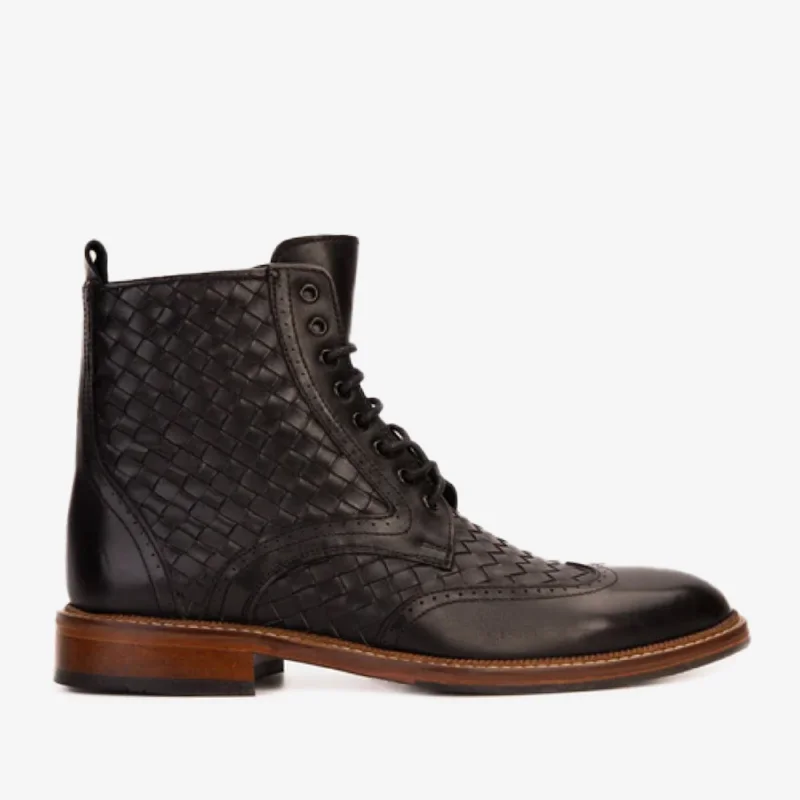 Comfortable Shoes For Men The Loddon Black Leather Wingtip Brogue Handwoven Lace-Up Men Boot with a Zipper