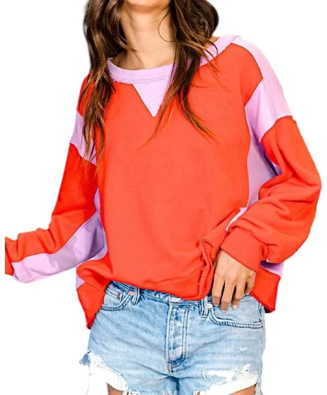 Stylish Women's Attire Contrast Color Block Sweatshirt In Red/lavender