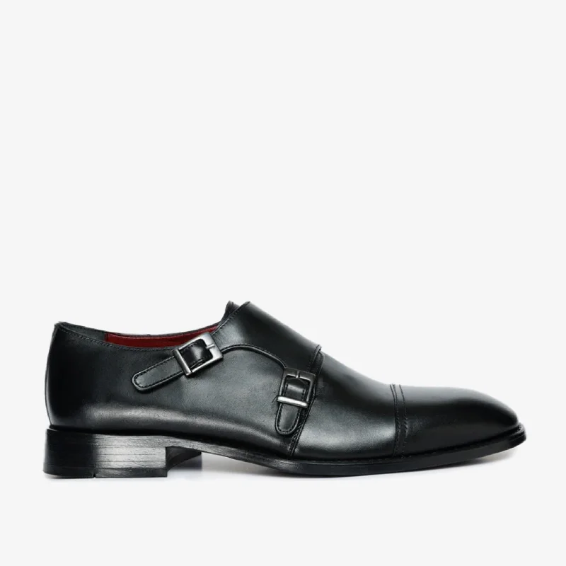 Men's Shock-Absorbing Shoes The Essen Black Leather Cap Toe Double Monk Strap Men Shoe Men's Shock-Absorbing Shoes The Essen Black Leather Cap Toe Double Monk Strap Men Shoe