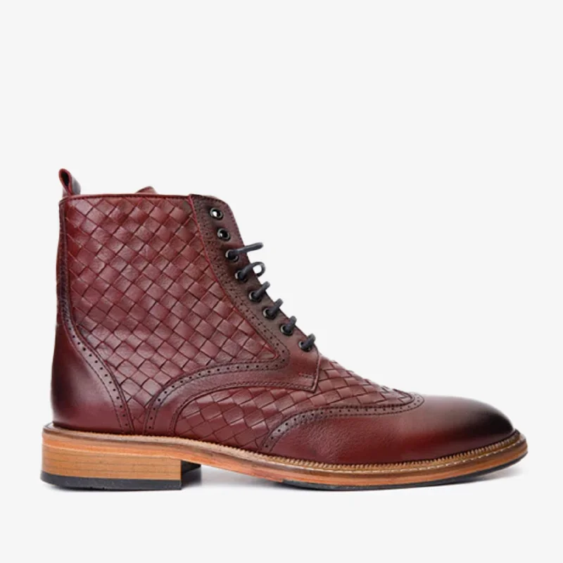 Men's Soft Boots The Loddon Burgundy Leather Wingtip Brogue Handwoven Lace-Up Men Boot with a Zipper