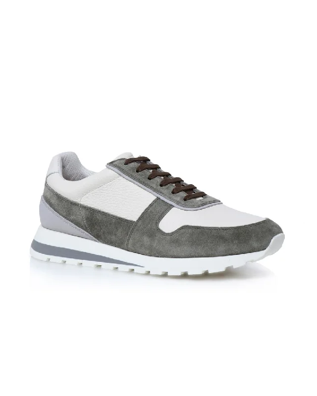 Men's Lightweight Boots Grained Calfskin and Washed Suede Runners in White and Olive