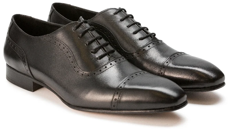 Men's Elegant Shoes Luciana 6319 Black Leather Brogue Detailed Cap Toe Oxford