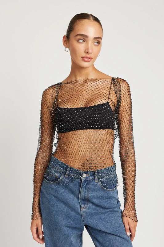 Weekend Sale Hot Girl Rhinestone Fishnet Long Sleeve Top