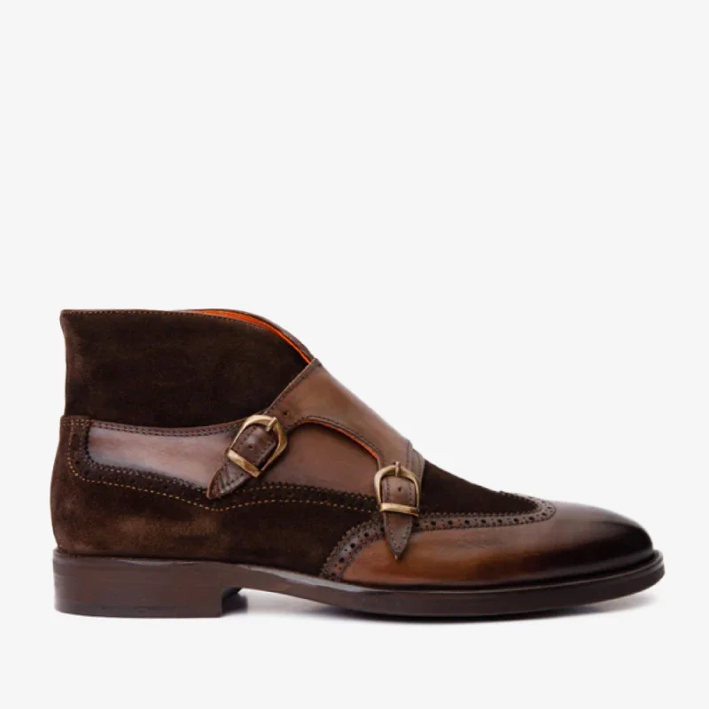 Men's Cozy Boots The Albus Brown Leather & Suede Double Strap Monk Brogue Men Boot