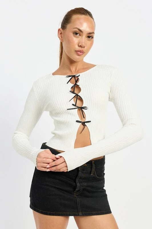 Urban Femme Streetwear Hot Girl Tessa Bow Tied Ribbed Long Sleeve Top