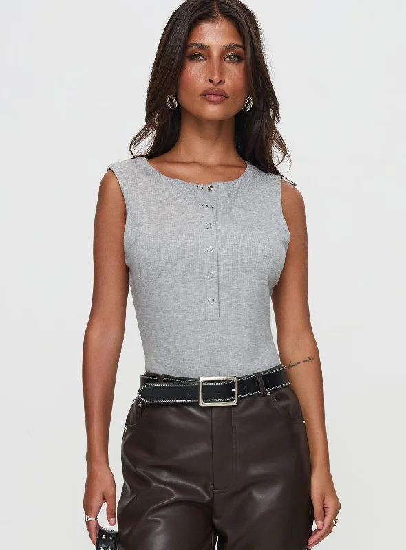 Sophisticated Style Good Impression Button Up Bodysuit Grey