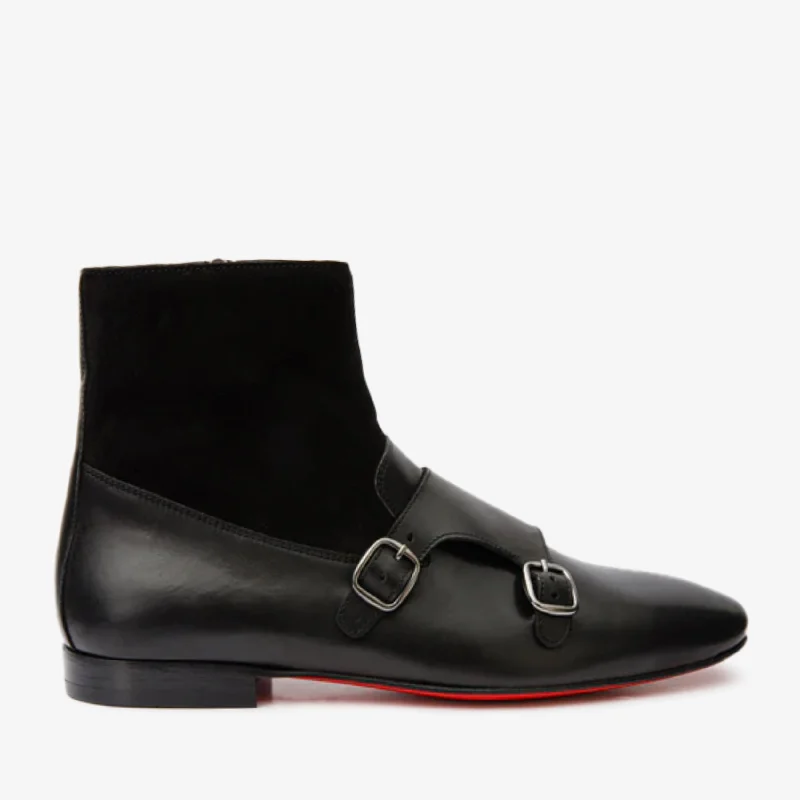 Men's Stylish Boots Preston Black Leather & Suede Double Monk Strap Ankle Men Boot
