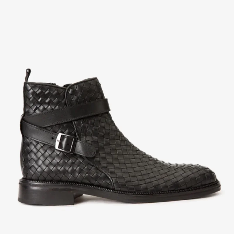 Casual  Shoes For Everyday Wear The Morral Black Handwoven Leather Cross Strap Buckle Zip-Up Men Boot