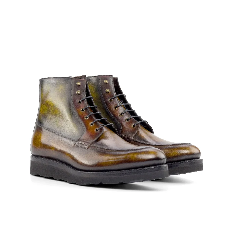 Men's Soft Shoes DapperFam Ryker in Dark Brown / Fire / Green / Tobacco Men's Italian Leather & Hand-Painted Patina Moc Boot Men's Soft Shoes DapperFam Ryker in Dark Brown / Fire / Green / Tobacco Men's Italian Leather & Hand-Painted Patina Moc Boot