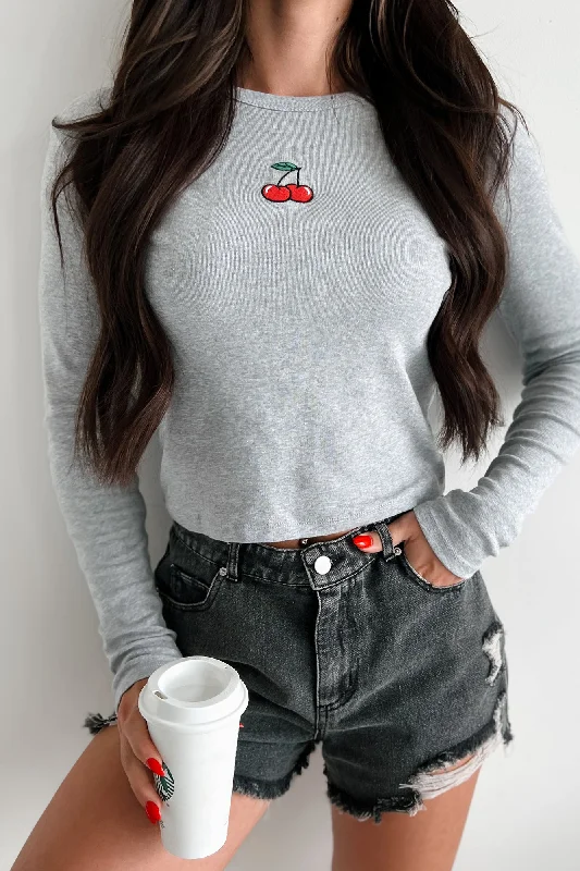 Day To Night Styles Cherry Picked Embroidered Long Sleeve Top (Heather Grey)