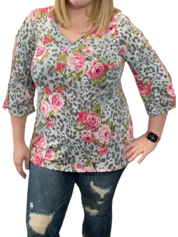 Bold Prints Casual Chic Shoulder Cutout Tunic Top In Grey Floral