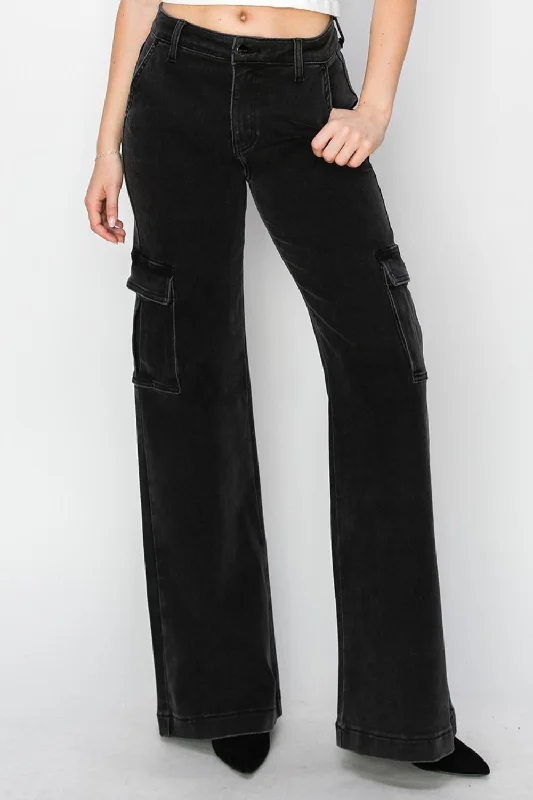 Comfy Women's Outfits for Daily Wear Hot Girl Risen High Rise Wide Leg Cargo Jeans In Black