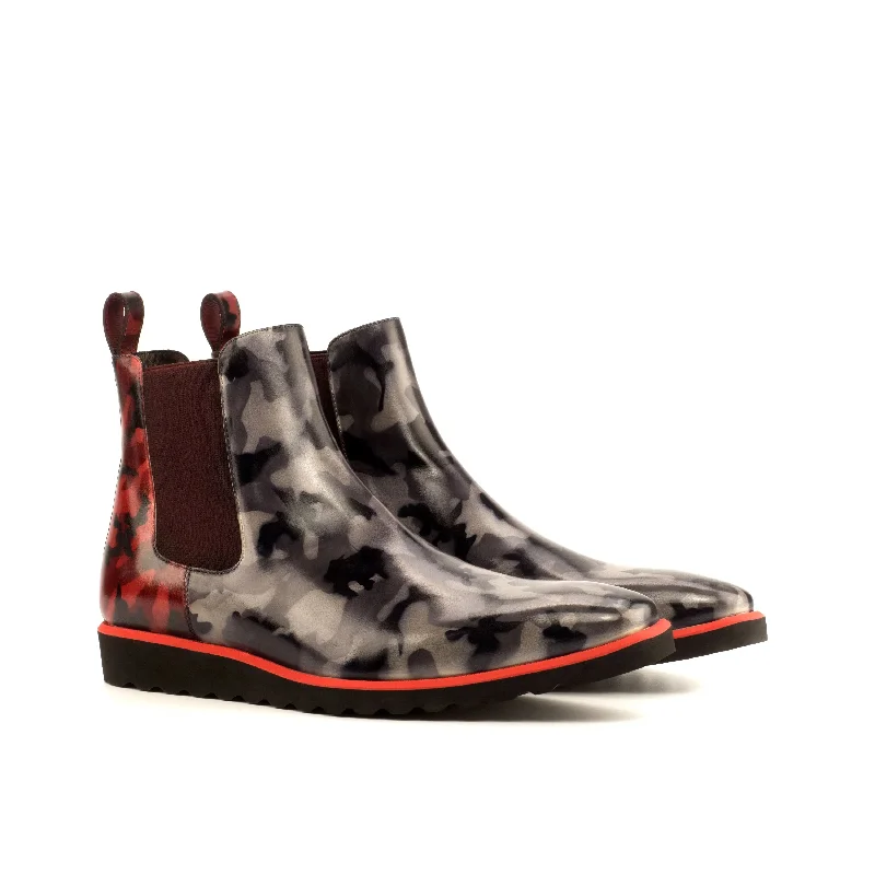 Men's Energy-Return Shoes DapperFam Monza in Grey Camo / Burgundy Camo Men's Hand-Painted Patina Chelsea Boot