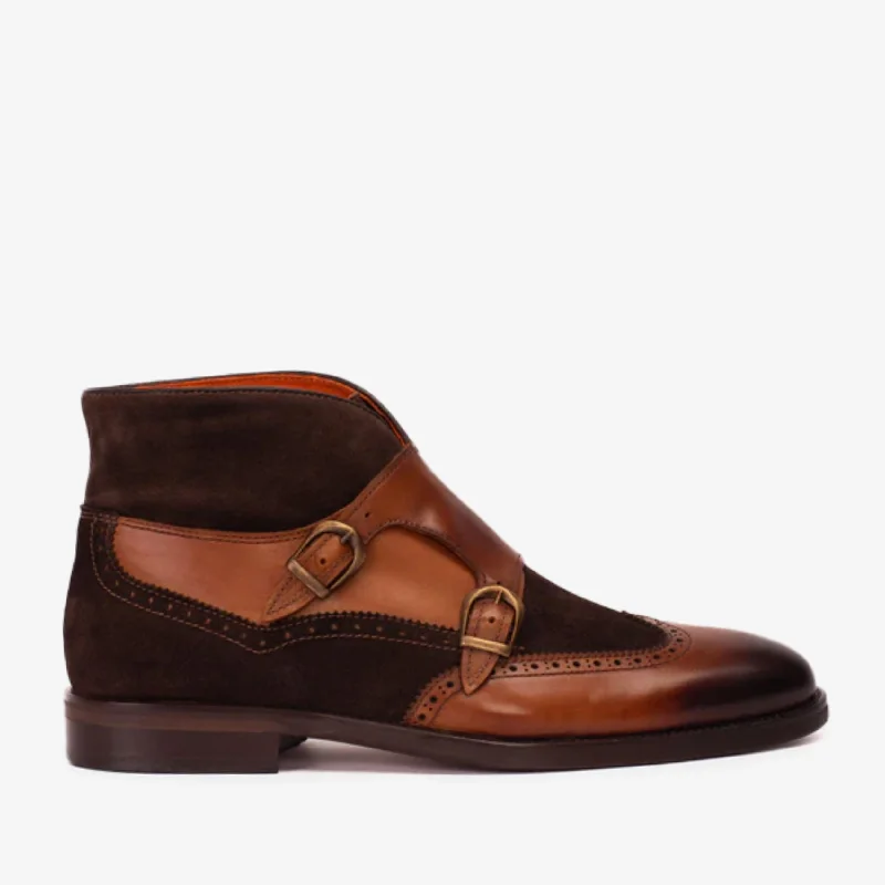 Men's Fashionable Boots The Albus Tan Leather & Suede Double Strap Monk Brogue Men  Boot