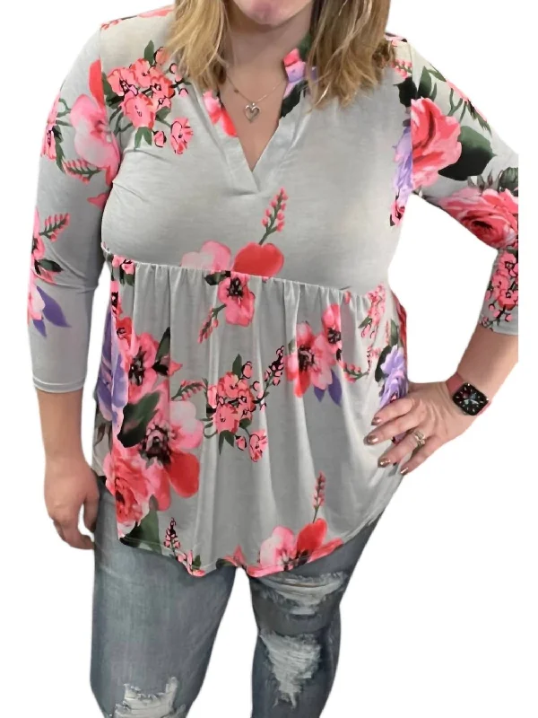 Trendy Street Style Floral Babydoll Gabby Tunic Top In Gey/purple