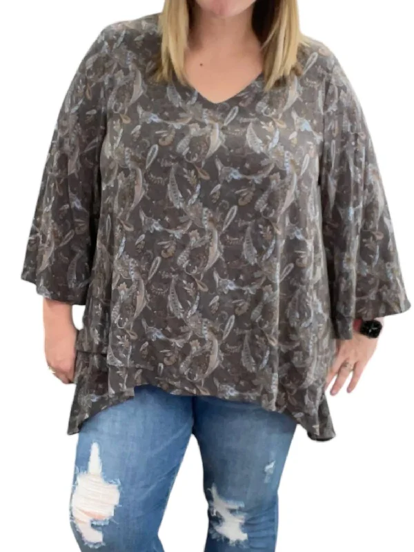 Current Trends Paisley Cross Front Tunic Top In Charcoal