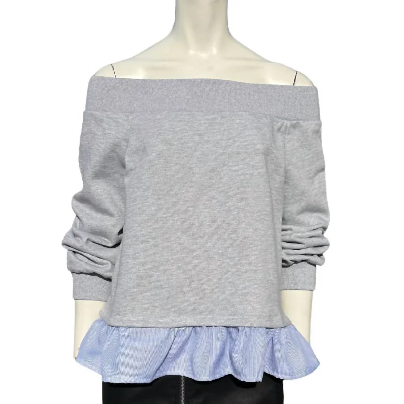 Women's Trendy Activewear Apparel Off The Shoulder Sweatshirt In Grey, Blue And White Pinstripe