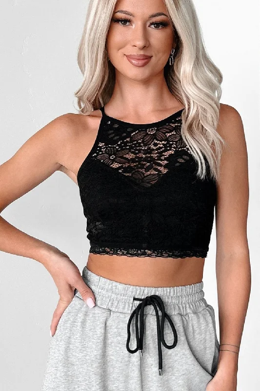 Women's Travel Garments Perfectly Flirtatious Lace Halter Bralette Top (Black)