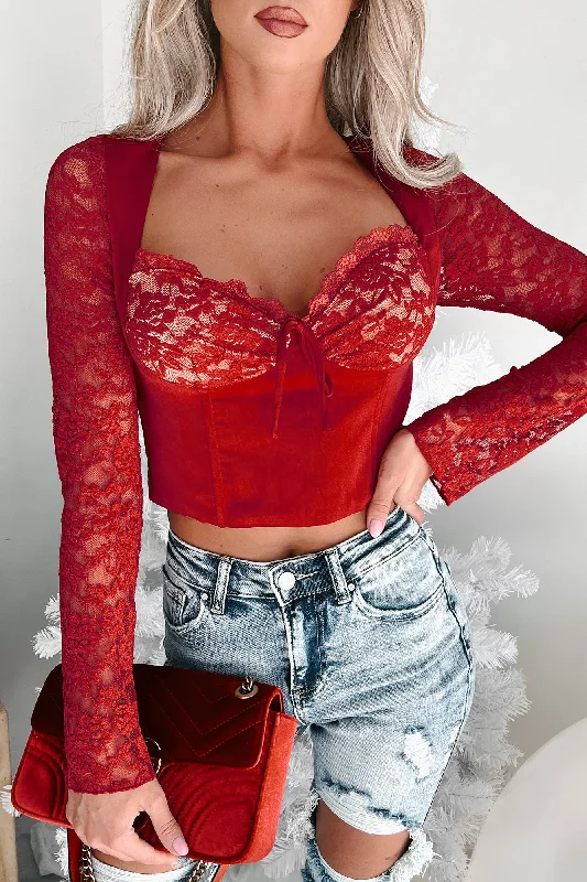 Sophisticated Style Leave You In Awe Lace Detail Long Sleeve Crop Top (Red)