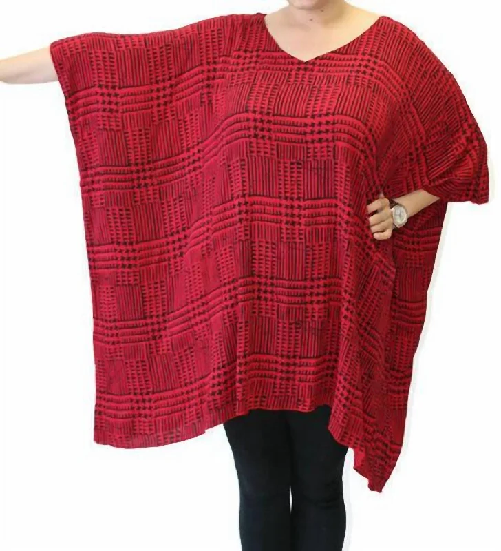 Stylish Women's Outerwear Apparel Hand Painted Katie Poncho Tunic In Geo Crimson/black