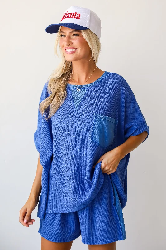 Women's Clothes And Apparel Sets Cute Simplicity Blue Waffle Knit Tee