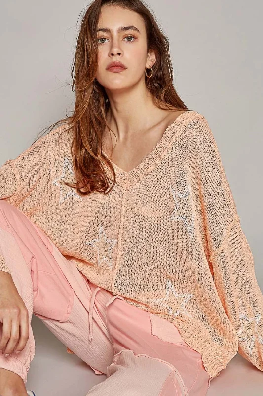 Woman Clothing Hot Girl V-Neck Star Print Lightweight Knit In Peach  Long Sleeve Top