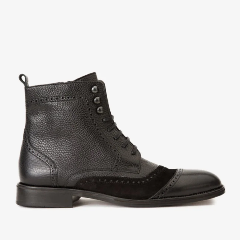 Men's Handcrafted Shoes The Anderson Black Leather & Suede Brogue Lace-Up Men  Boot with a Zipper