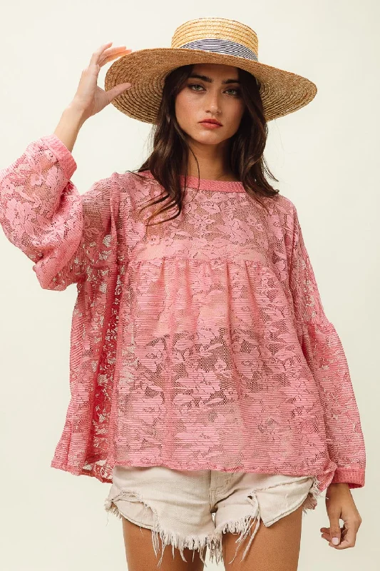 Flash Sale Clothing Hot Girl Floral Lace Boho Top In Mauve Long Sleeve Top