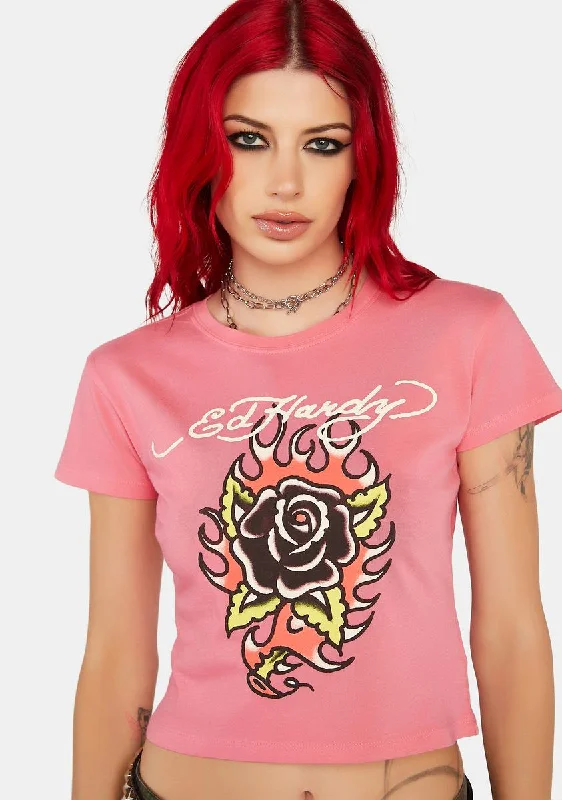 Women's Trendy Outfits Flaming Rose Graphic Tee