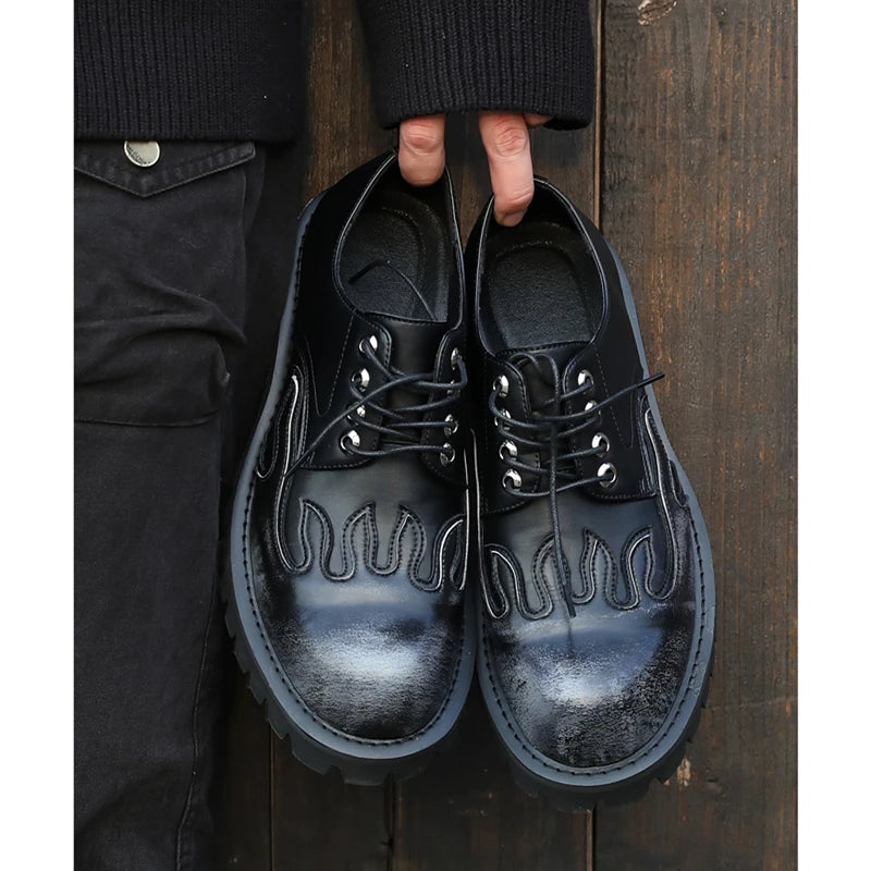 Men's Trendy Shoes Men's Flame Carved Round Toe Synthetic Leather Thick Soled Casual Shoes