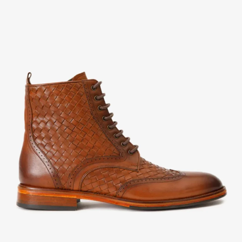 Men's Modern Shoes The Loddon Tan Leather Wingtip Brogue Handwoven Lace-Up Men Boot with a Zipper