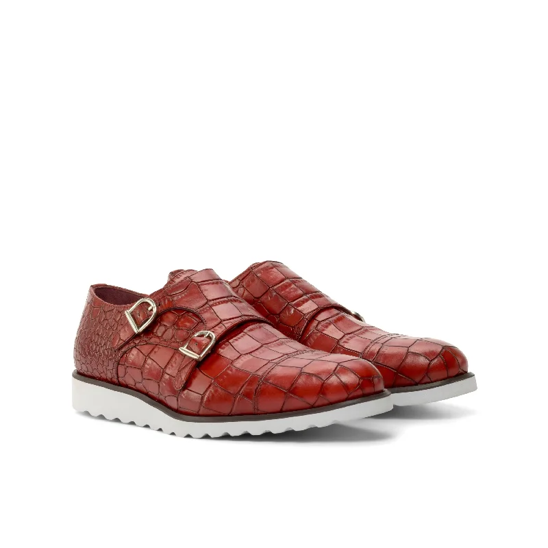Best Offers On Lightweight And Flexible Shoes DapperFam Monaco in Red Men's Italian Croco Embossed Leather Double Monk